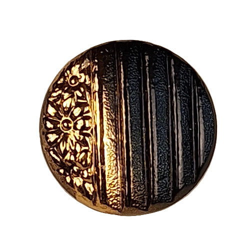 28L Ribbed glass button with gold colored embossed flowers on one half