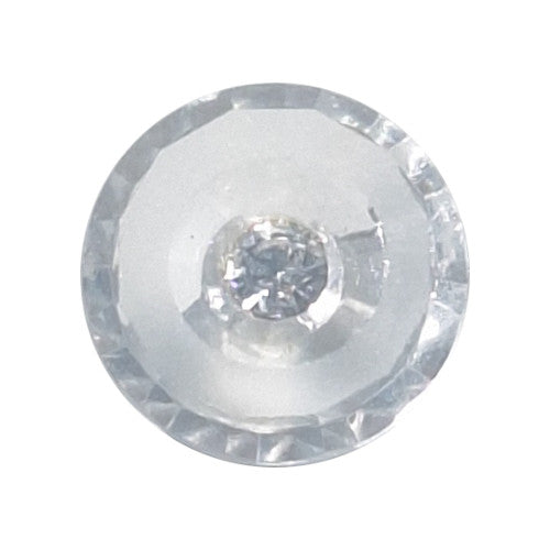 Crystal glass button with faceted rim front and back, frosted ring, clear center, and rhinestone, shank back, 18mm size