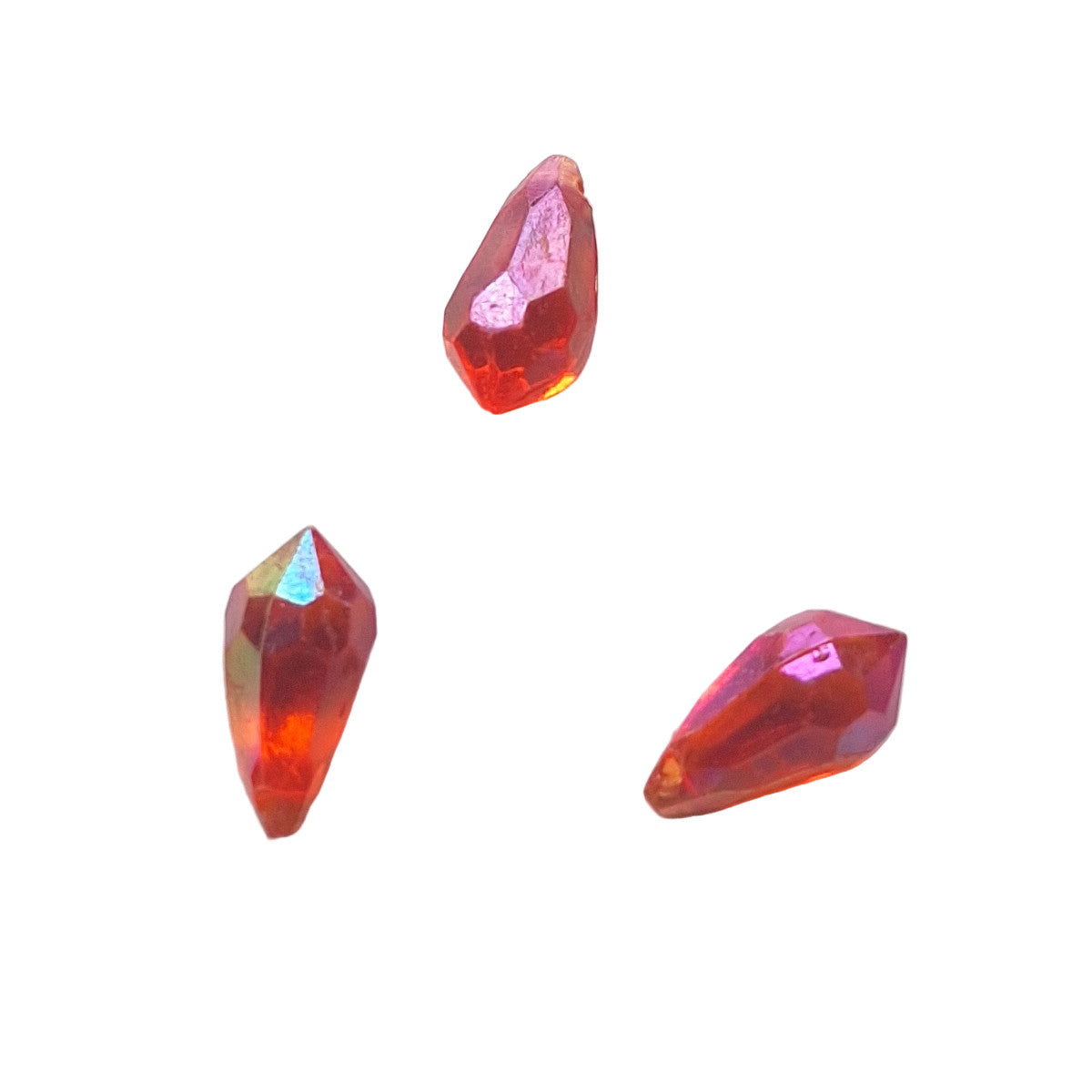 Three AB faceted plastic drop in Ruby, translucent, sew-on, 6.5x13mm.