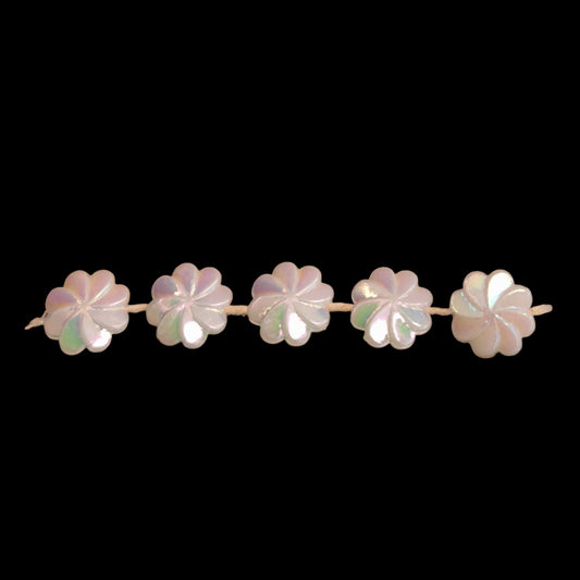 10mm plastic flower trim with AB finish, raised center, and articulated petals