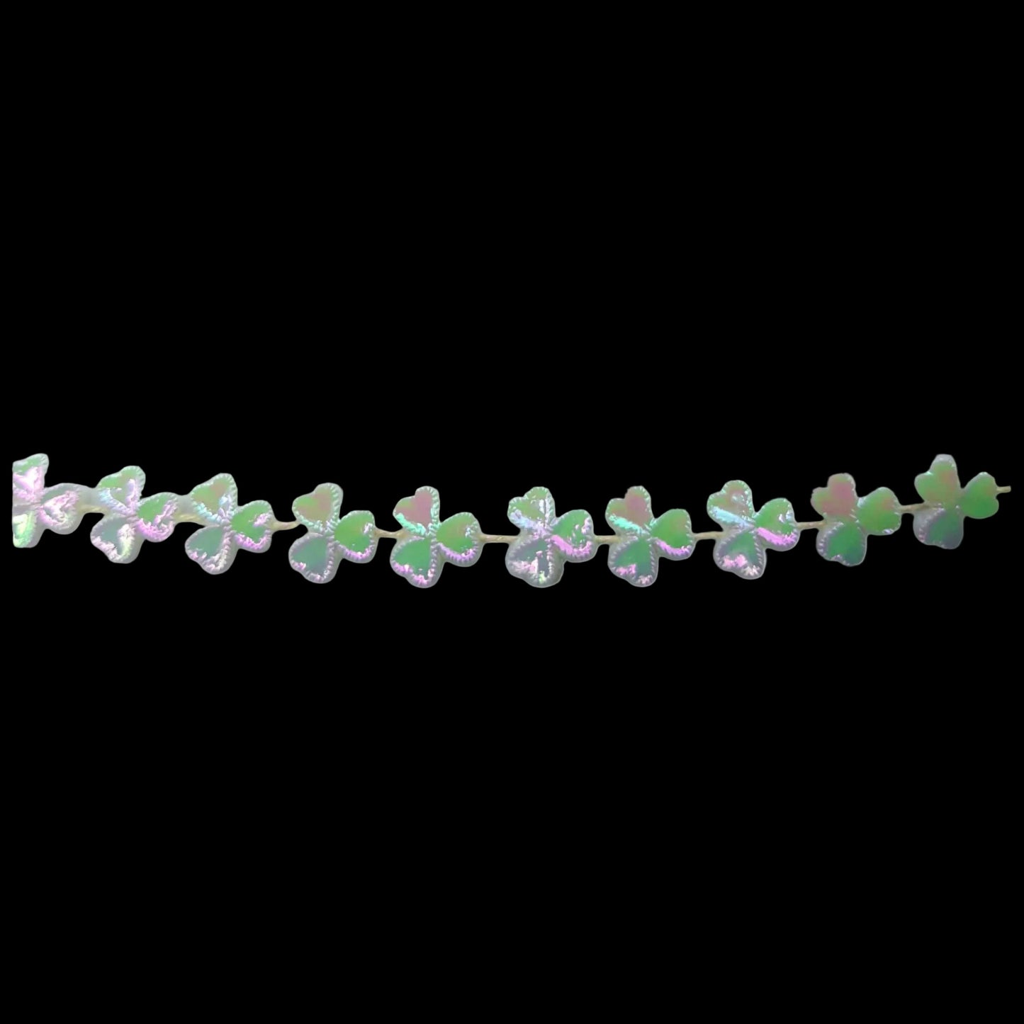 8mm plastic shamrock trim with AB finish and raised serrated edges, molded on thread.