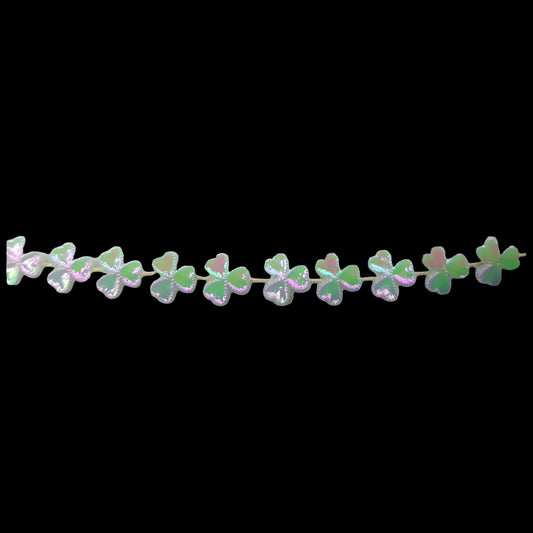 8mm plastic shamrock trim with AB finish and raised serrated edges, molded on thread.