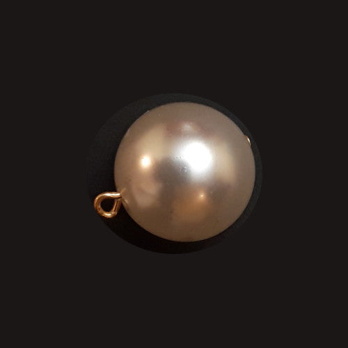 Pearl pearlized full ball button with pin shank shown at an angle to reveal spherical shape and reflective finish, 20mm.