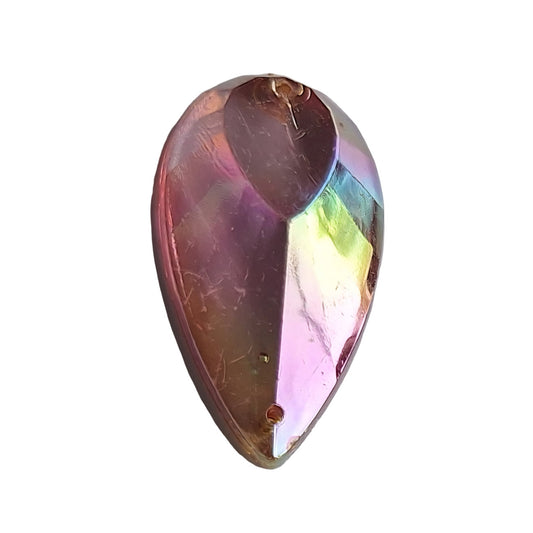 Amethyst AB table-cut acrylic teardrop cabochon with a flat back and two-hole sew-on construction, 18×33 mm.