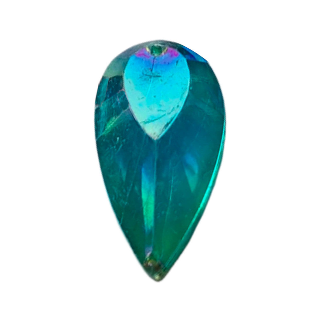 Aqua AB table-cut acrylic teardrop cabochon with a flat back and two-hole sew-on construction, 18×33 mm.