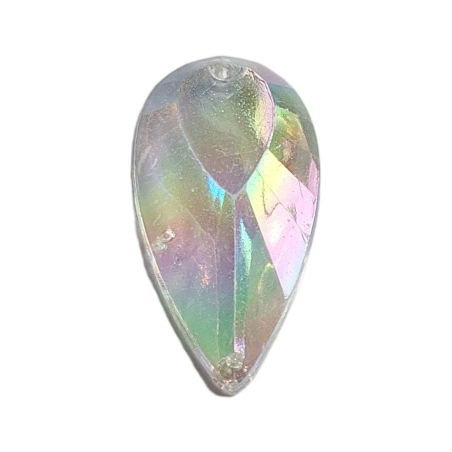 Crystal AB table-cut acrylic teardrop cabochon with a flat back and two-hole sew-on construction, 18×33 mm.