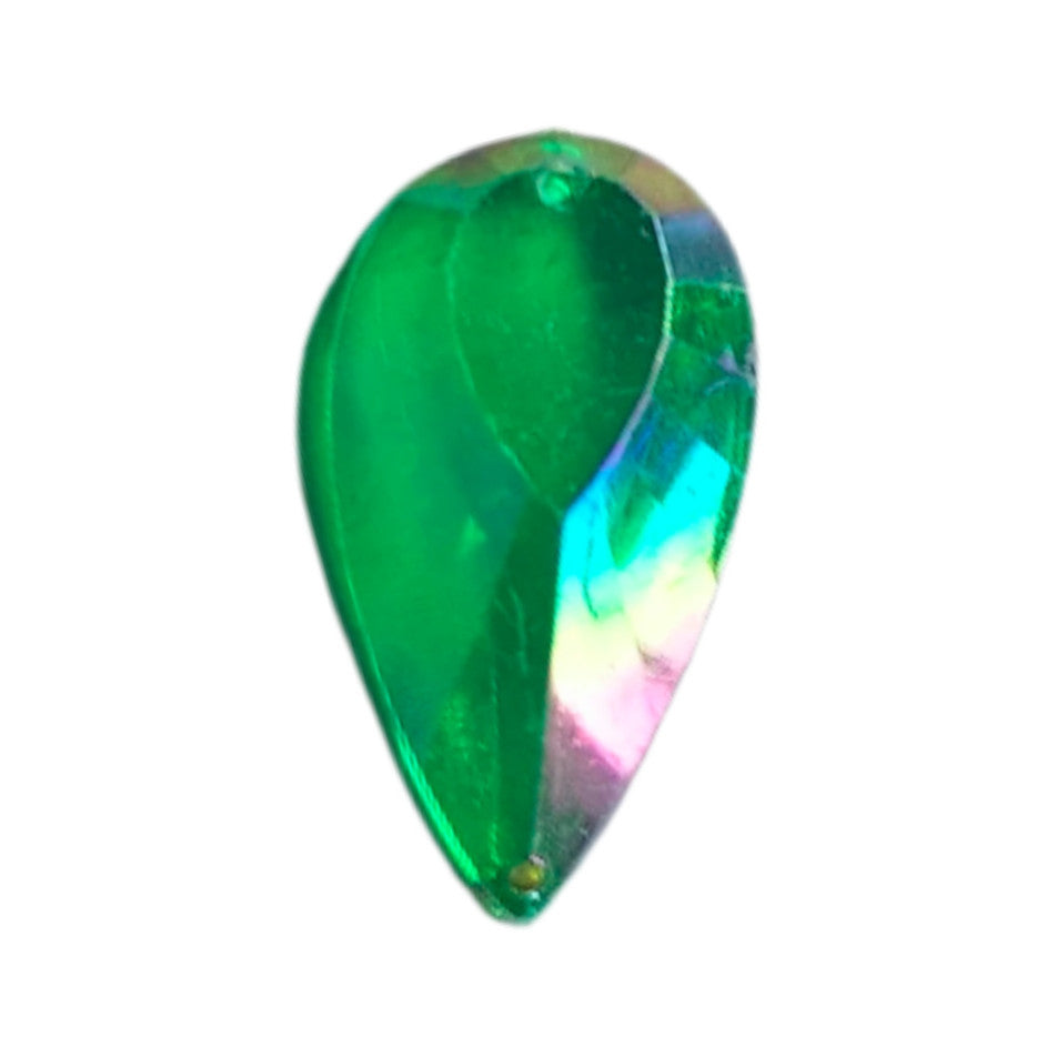 Emerald AB table-cut acrylic teardrop cabochon with a flat back and two-hole sew-on construction, 18×33 mm.