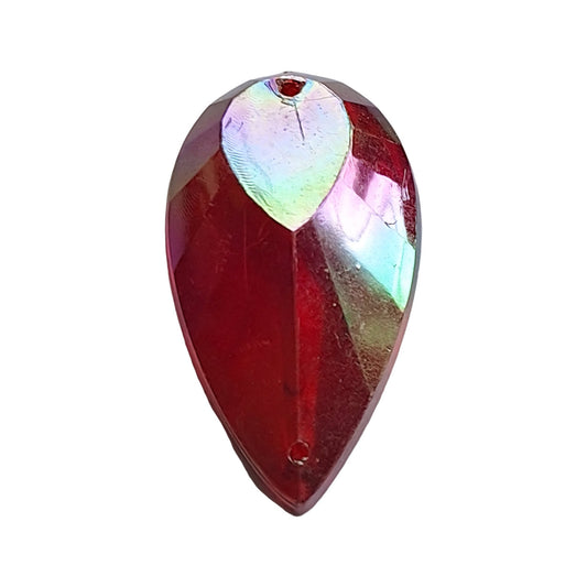 Ruby AB table-cut acrylic teardrop cabochon with a flat back and two-hole sew-on construction, 18×33 mm.