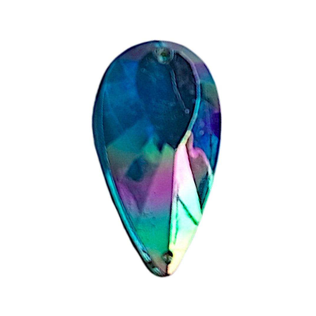 Sapphire AB table-cut acrylic teardrop cabochon with a flat back and two-hole sew-on construction, 18×33 mm.