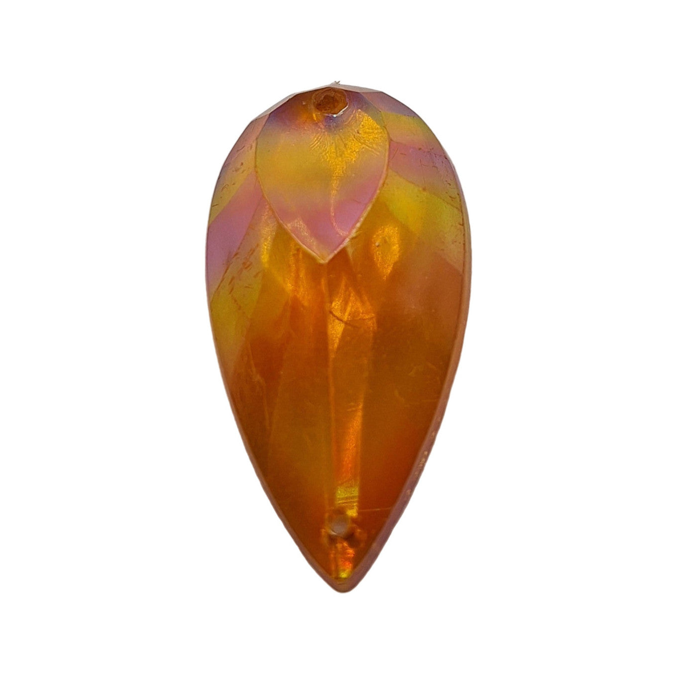 Topaz AB table-cut acrylic teardrop cabochon with a flat back and two-hole sew-on construction, 18×33 mm.