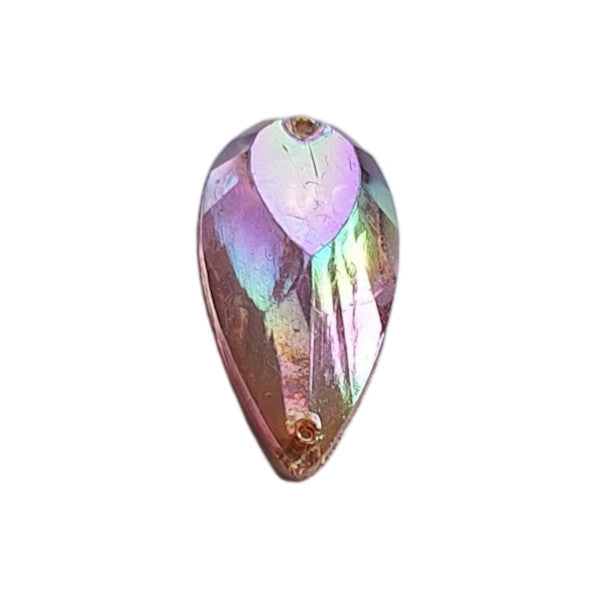 Vintage amethyst AB acrylic teardrop cabochon, table-cut with two-hole sew-on flat back, 14×27 mm.