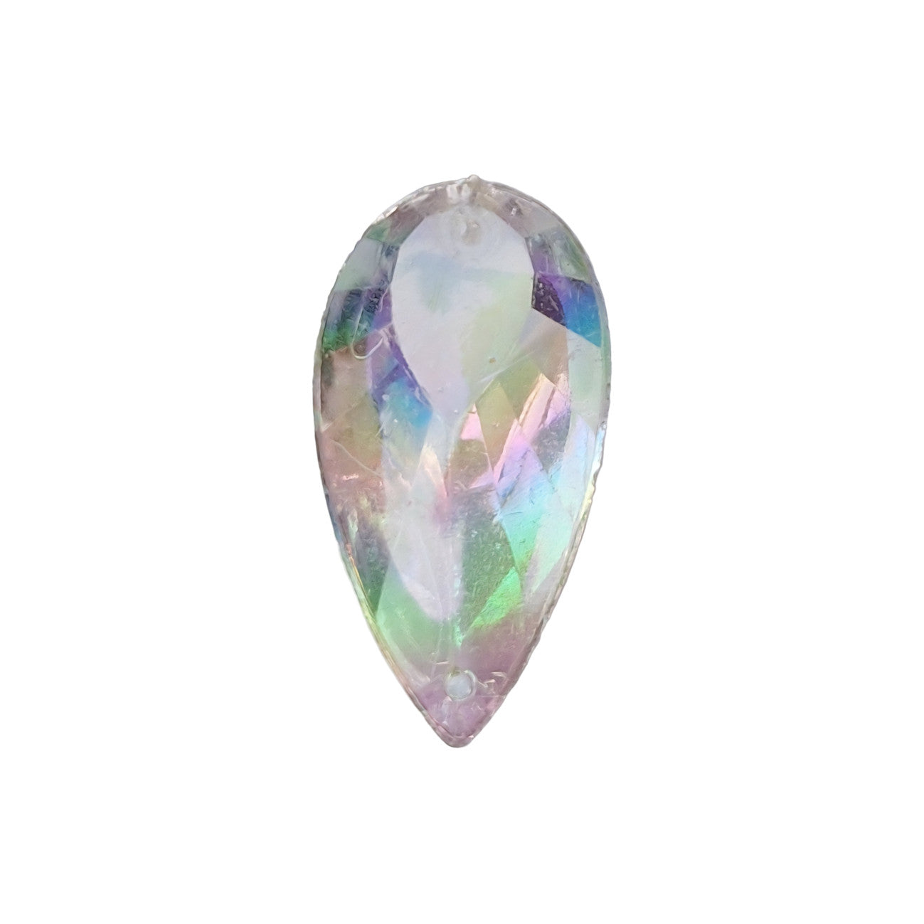 Vintage crystal AB acrylic teardrop cabochon, table-cut with two-hole sew-on flat back, 14×27 mm.