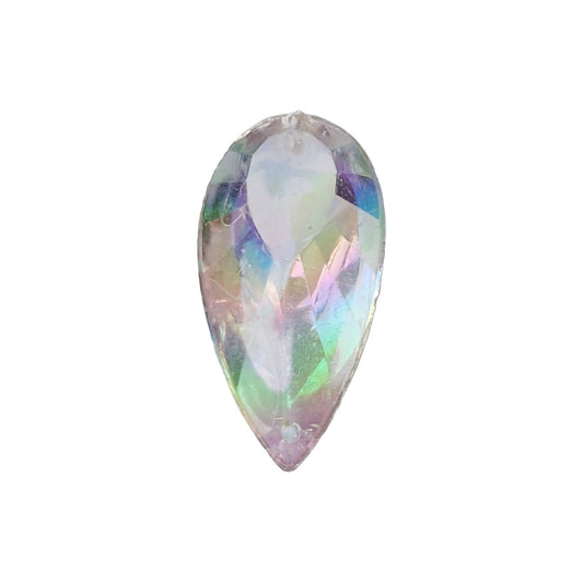 Vintage crystal AB acrylic teardrop cabochon, table-cut with two-hole sew-on flat back, 14×27 mm.