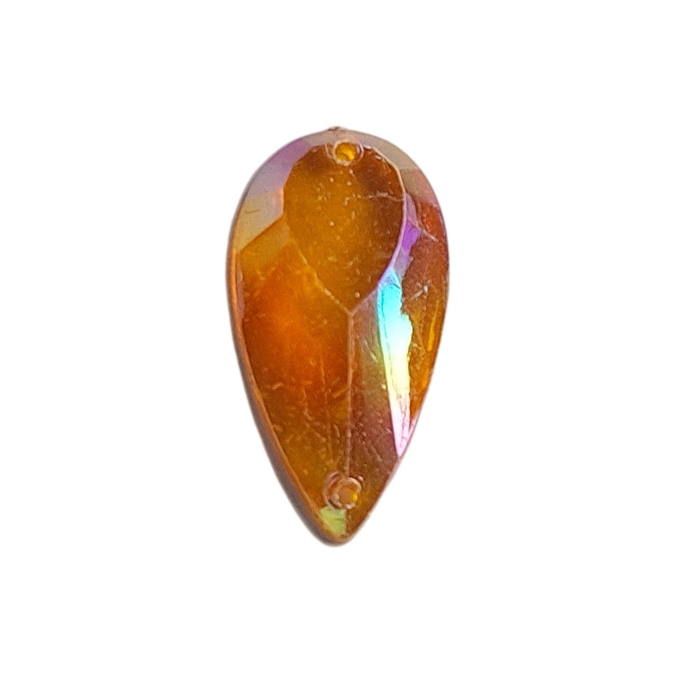 Vintage topaz AB acrylic teardrop cabochon, table-cut with two-hole sew-on flat back, 14×27 mm.