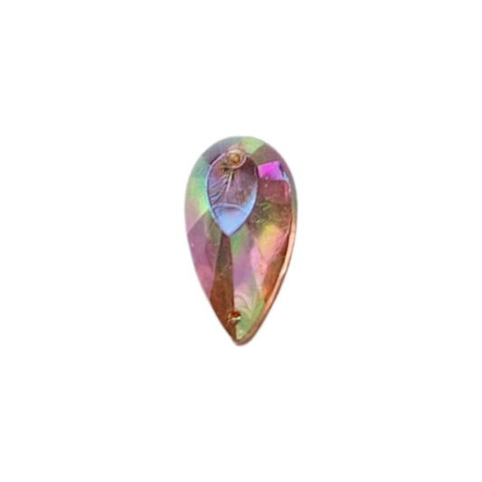Amethyst AB table-cut acrylic teardrop cabochon with a flat back and two-hole sew-on construction, 11×19 mm.