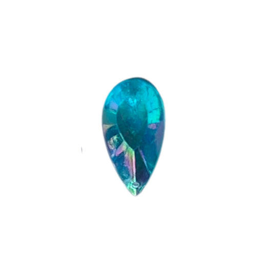 Aqua AB table-cut acrylic teardrop cabochon with a flat back and two-hole sew-on construction, 11×19 mm.