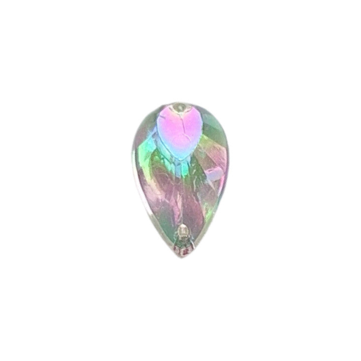 Crystal AB table-cut acrylic teardrop cabochon with a flat back and two-hole sew-on construction, 11×19 mm.