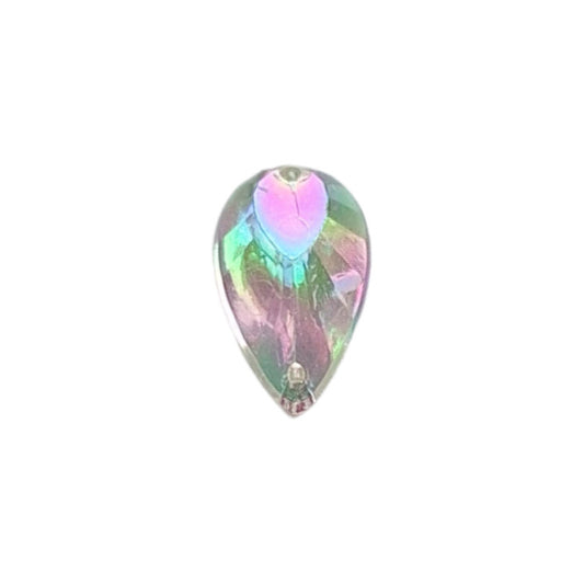 Crystal AB table-cut acrylic teardrop cabochon with a flat back and two-hole sew-on construction, 11×19 mm.