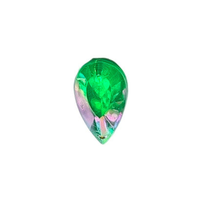 Emerald AB table-cut acrylic teardrop cabochon with a flat back and two-hole sew-on construction, 11×19 mm.