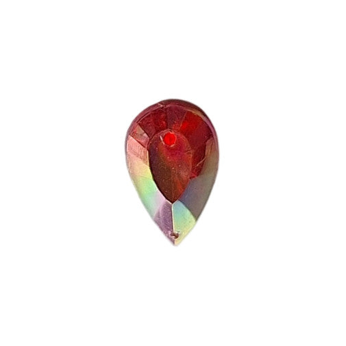 Ruby AB table-cut acrylic teardrop cabochon with a flat back and two-hole sew-on construction, 11×19 mm.