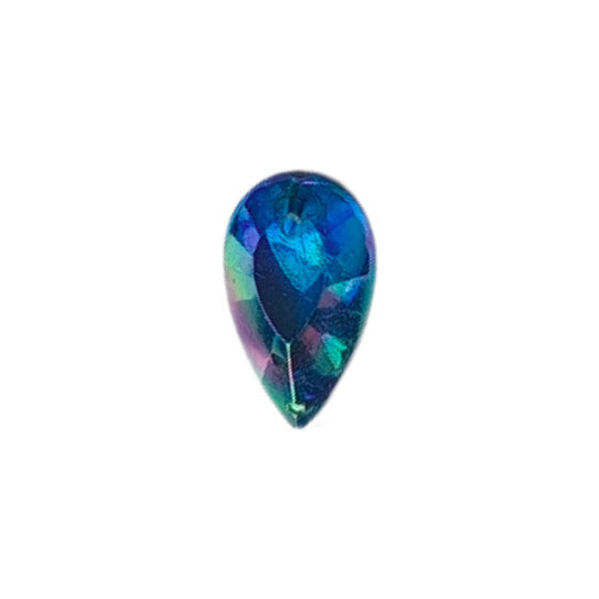 Sapphire AB table-cut acrylic teardrop cabochon with a flat back and two-hole sew-on construction, 11×19 mm.