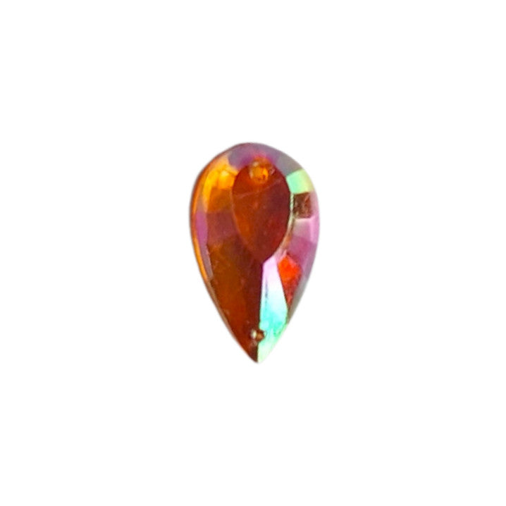 Topaz AB table-cut acrylic teardrop cabochon with a flat back and two-hole sew-on construction, 11×19 mm.