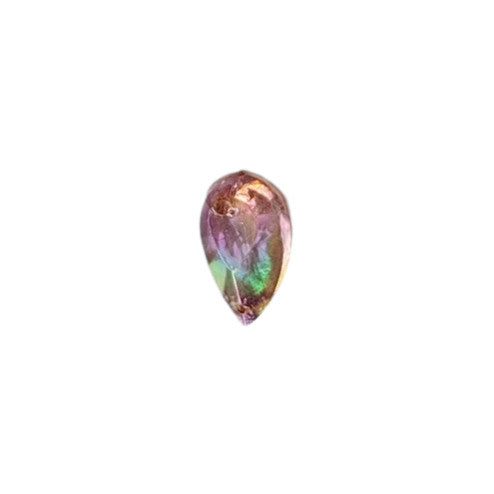 Amethyst AB table-cut acrylic teardrop cabochon with a flat back and two-hole sew-on construction, 8×14 mm.