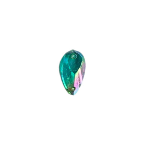 Aqua AB table-cut acrylic teardrop cabochon with a flat back and two-hole sew-on construction, 8×14 mm.