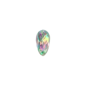 Crystal AB table-cut acrylic teardrop cabochon with a flat back and two-hole sew-on construction, 8×14 mm.