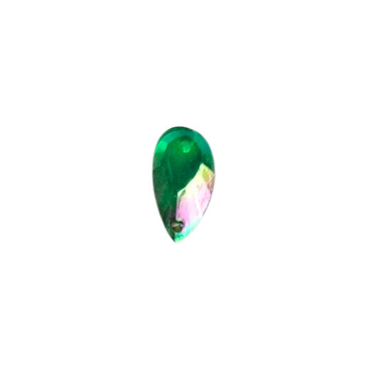 Emerald AB table-cut acrylic teardrop cabochon with a flat back and two-hole sew-on construction, 8×14 mm.