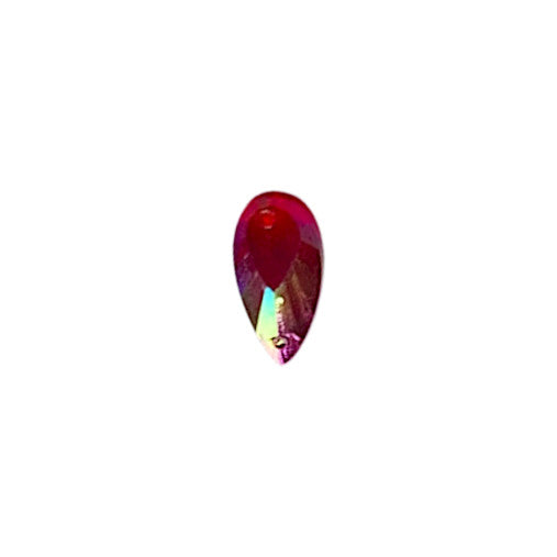 Ruby AB table-cut acrylic teardrop cabochon with a flat back and two-hole sew-on construction, 8×14 mm.
