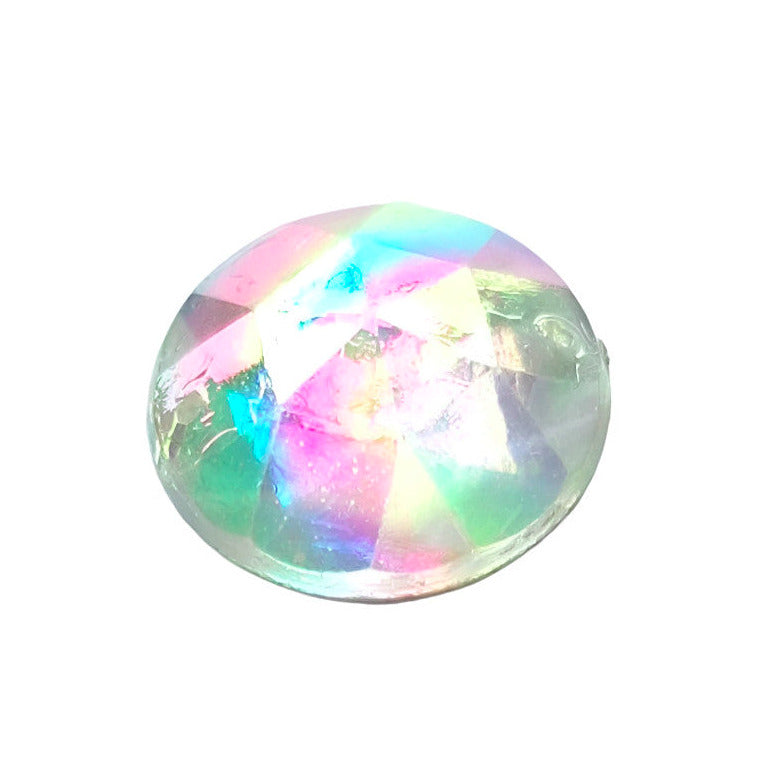 24mm round faceted AB plastic cabochon in crystal with two-hole sew-on construction, vintage Hong Kong 1970s.