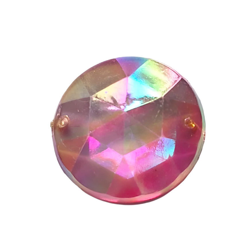 24mm round faceted AB plastic cabochon in amethyst with two-hole sew-on construction, vintage Hong Kong 1970s.