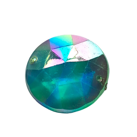 24mm round faceted AB plastic cabochon in aqua with two-hole sew-on construction, vintage Hong Kong 1970s.