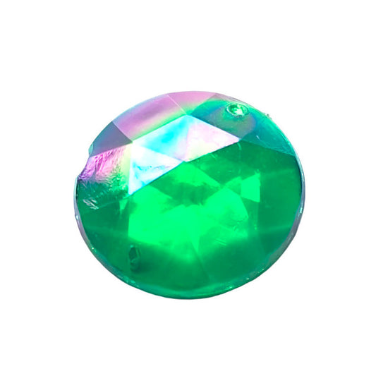 24mm round faceted AB plastic cabochon in emerald with two-hole sew-on construction, vintage Hong Kong 1970s.