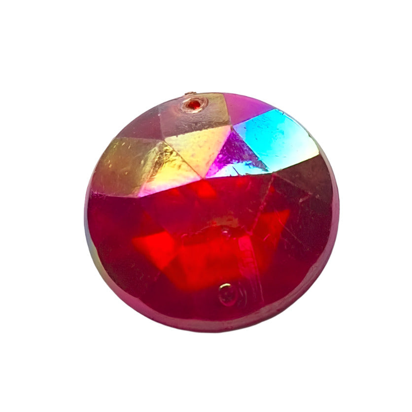 24mm round faceted AB plastic cabochon in ruby with two-hole sew-on construction, vintage Hong Kong 1970s.