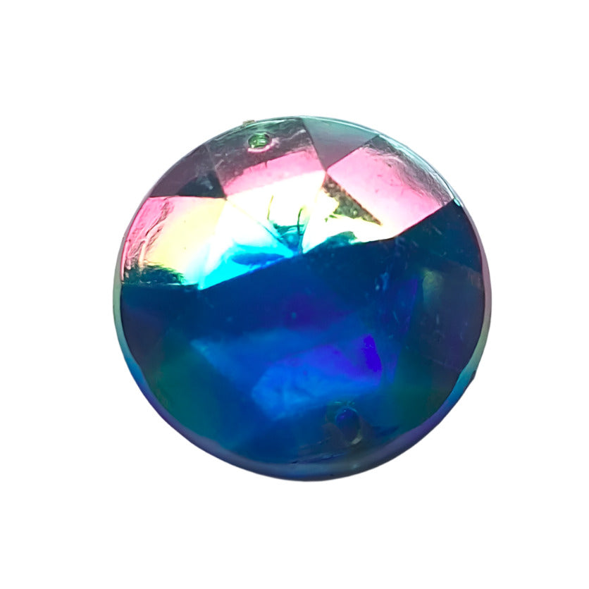 24mm round faceted AB plastic cabochon in sapphire with two-hole sew-on construction, vintage Hong Kong 1970s.