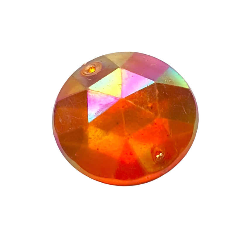 24mm round faceted AB plastic cabochon in topaz with two-hole sew-on construction, vintage Hong Kong 1970s.