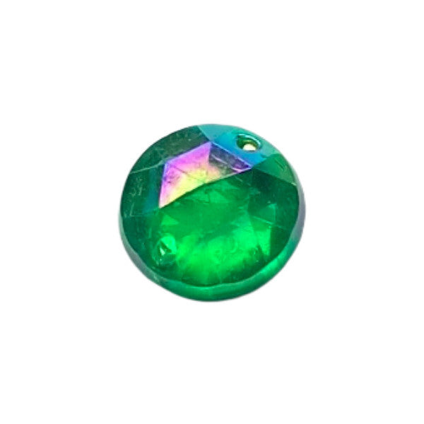 Emerald AB round faceted plastic cabochon with two-hole sew-on construction, 12mm, shown front-facing on a neutral background.