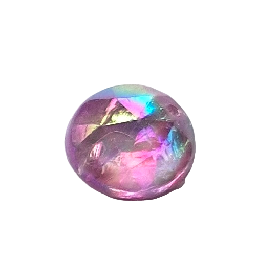 Amethyst AB round faceted plastic cabochon with two-hole sew-on construction, 12mm, shown front-facing on a neutral background.