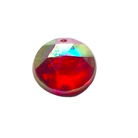 Ruby AB round faceted plastic cabochon with two-hole sew-on construction, 12mm, shown front-facing on a neutral background.