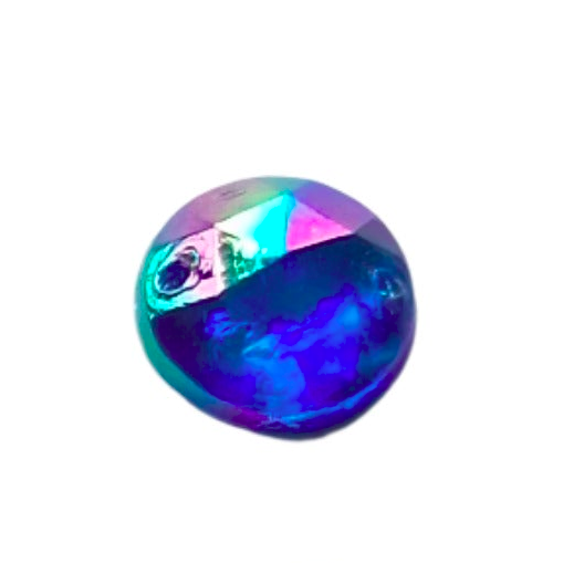 Sapphire AB round faceted plastic cabochon with two-hole sew-on construction, 12mm, shown front-facing on a neutral background.