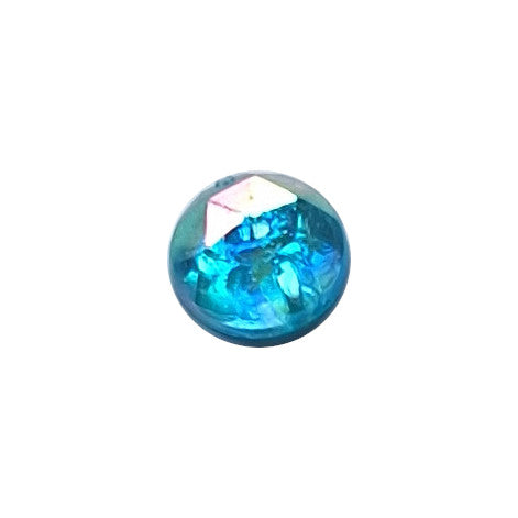 Aqua AB round faceted plastic cabochon with two-hole sew-on construction, 9mm, shown front-facing on a neutral background.