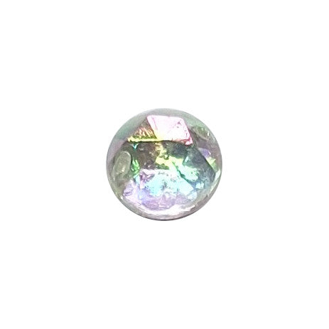 Crystal AB round faceted plastic cabochon with two-hole sew-on construction, 9mm, shown front-facing on a neutral background.