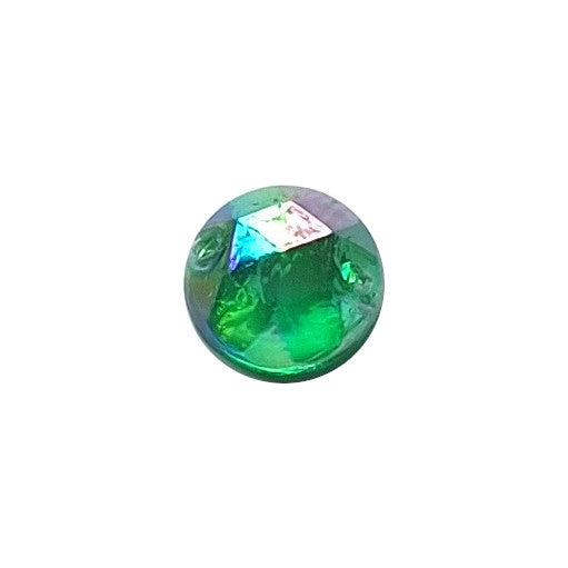 Emerald AB round faceted plastic cabochon with two-hole sew-on construction, 9mm, shown front-facing on a neutral background.