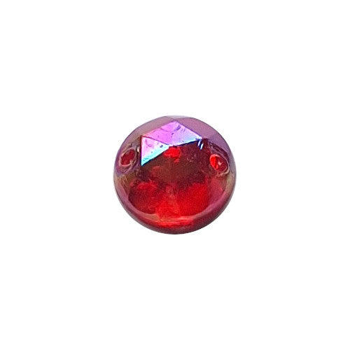 Ruby AB round faceted plastic cabochon with two-hole sew-on construction, 9mm, shown front-facing on a neutral background.