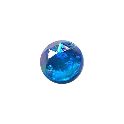 Sapphire AB round faceted plastic cabochon with two-hole sew-on construction, 9mm, shown front-facing on a neutral background.