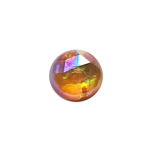 Topaz AB round faceted plastic cabochon with two-hole sew-on construction, 9mm, shown front-facing on a neutral background.