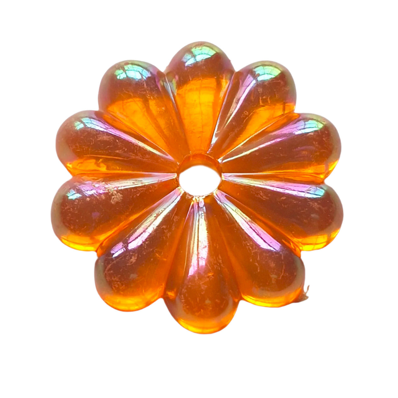 Large topaz AB plastic flower cabochon, 38 mm, showing ten rounded petals and a center mounting hole.