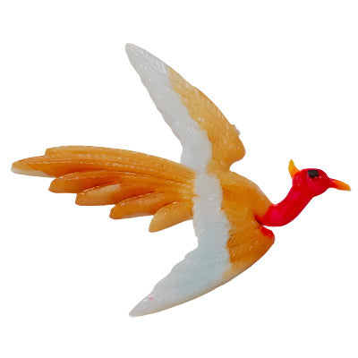 Hand-painted plastic flat back large bird with white and yellow wings and pink head, right-facing, 34×50mm.
